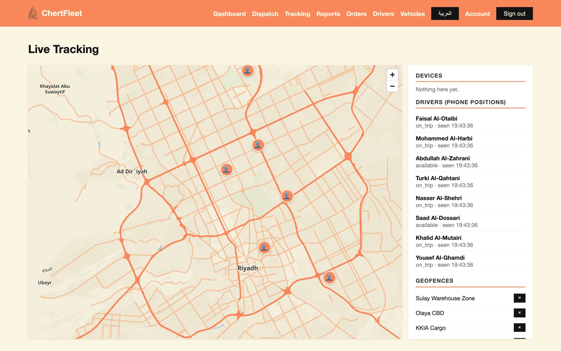 Live tracking — drivers on the Riyadh map